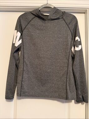 Gray Hooded Athletic Pullover with White Sleeve Lettering